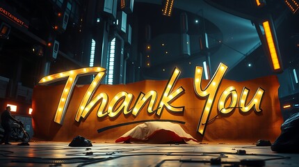 Futuristic city backdrop with "Thank You" sign.