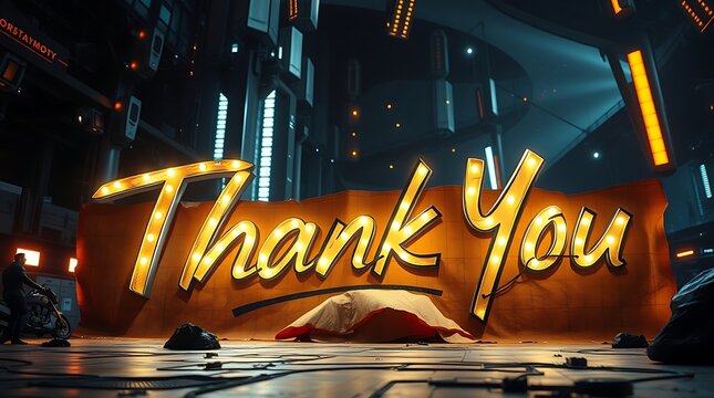 Futuristic city backdrop with "Thank You" sign.