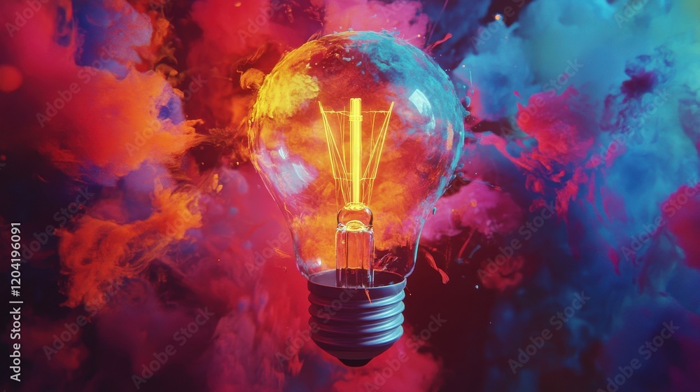 Aufkleber creative light bulb explodes with colorful paint and colors on dark background. color splash in bulb