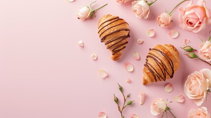 Sweet Croissants with Chocolate Drizzle Surrounded by Pink Roses