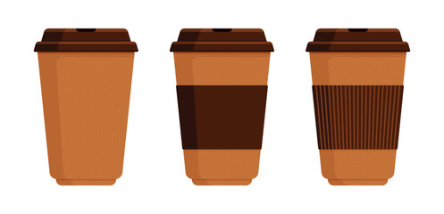 Set of brown takeaway cups with lids and sleeves. Disposable cups for hot drinks like coffee or tea. Beverage packaging concept. Flat vector illustration isolated on white background with copy space
