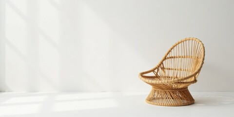 Fototapeta premium A delicately woven rattan chair sits in a sunlit room, casting soft shadows against a minimalist white backdrop