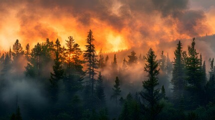 Obraz premium Wildfire engulfs forest under dramatic orange sky at dusk