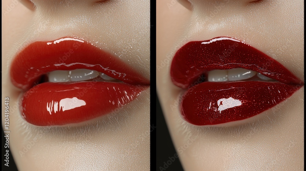 Poster close-up portrait of lips with glossy finish before and after comparison