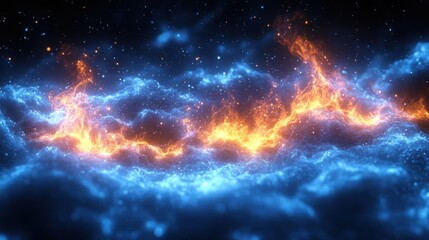 Vibrant cosmic scene depicting fiery orange flames amidst swirling blue and black clouds in space
