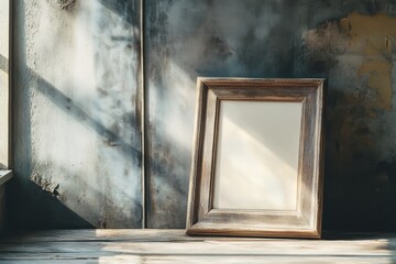 Rustic empty picture frame basking in soft sunlight on a weathered wooden table near an old wall