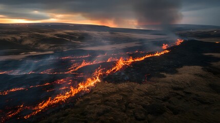 Lava flows create dramatic landscape during sunset in Icelandic volcano eruption