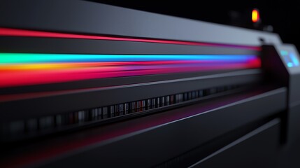 A close-up view of a sleek, modern printer showcasing vibrant color lights in motion.