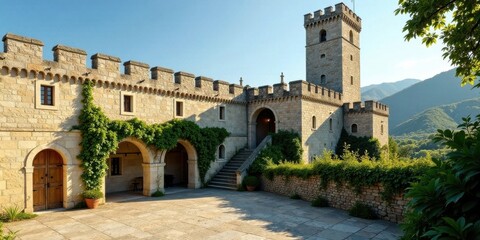 Naklejka premium Ancient Stone Fortress Courtyard with Tower and Mountain View