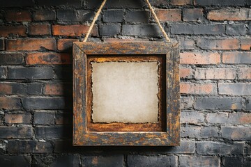 Rustic wooden frame hanging on a weathered brick wall, perfect for showcasing art or messages in a cozy setting