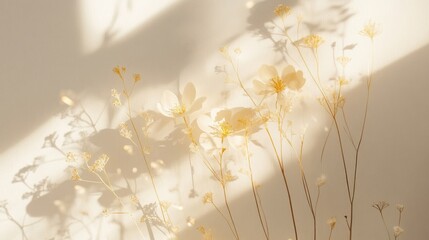 Gentle Golden Light Embracing Delicate Flowers with Soft Shadows on a Textured Wall