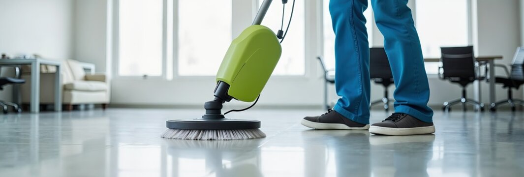 Professional cleaning service using floor scrubber in office space