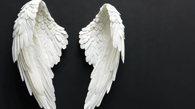 Beautiful white angel wings sculpture displayed against a black background in an artistic setting