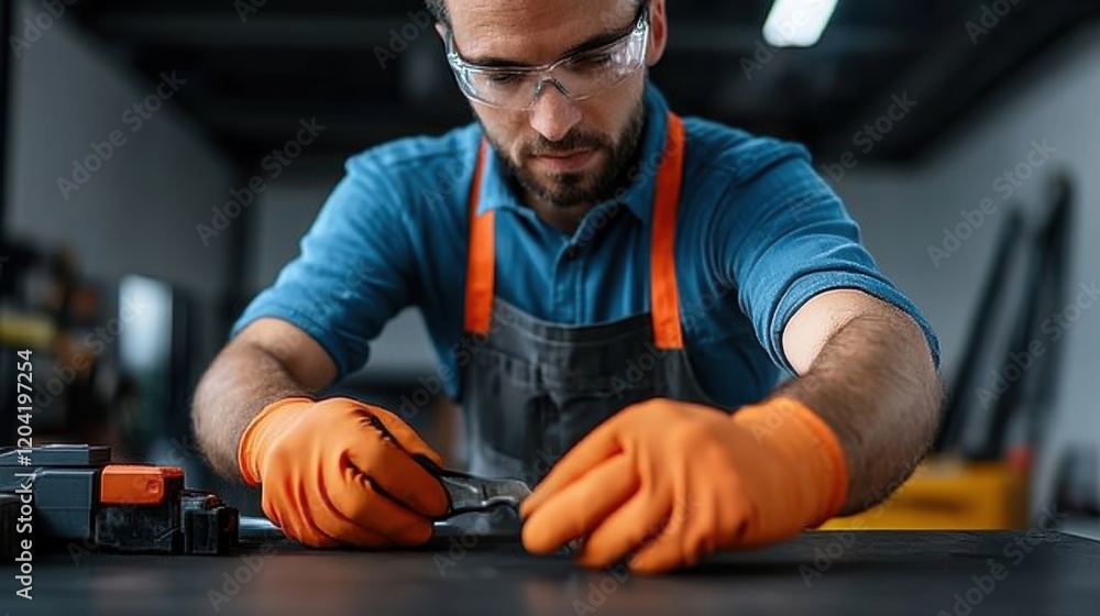 Poster skilled craftsman wearing safety gear examining small tool in workshop setting with proper lighting 