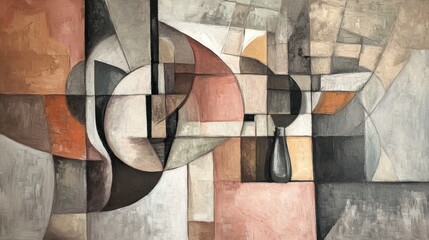 A cubist-inspired still life featuring fragmented planes of muted pinks, oranges, and grays
