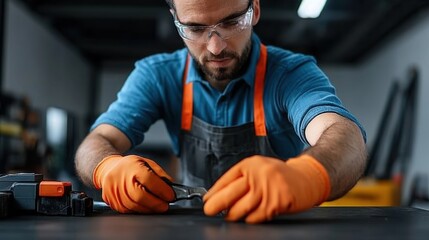 Skilled Craftsman Wearing Safety Gear Examining Small Tool in Workshop Setting with Proper Lighting and Focused Expression