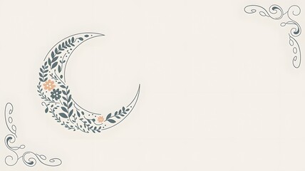 Elegant Floral Crescent Moon Design on a Light Background. A simple, elegant graphic of a crescent moon decorated with delicate floral and leaf patterns.