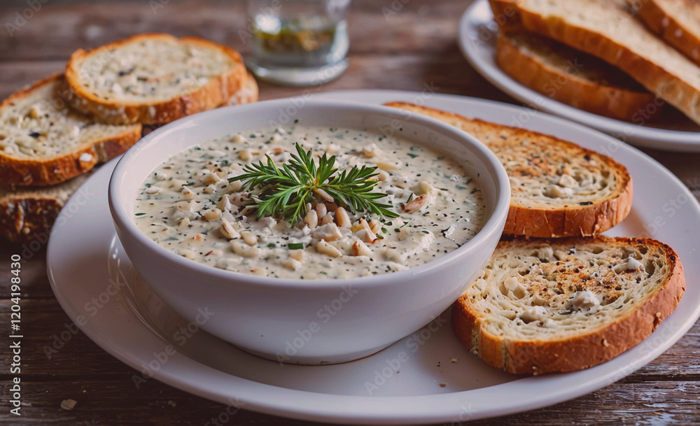 Aufkleber a white bowl of soup sits on a plate with a few pieces of bread. the bread is to the right of the so