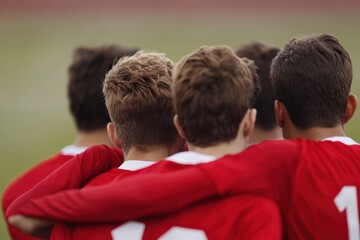 Fototapeta premium Soccer players huddling midgame intense focus football field motion blur dynamic viewpoint team strategy