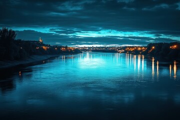 Fototapeta premium Night Cityscape River Reflections Serene Twilight Atmosphere