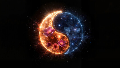 Obraz premium Yin-yang with fiery blossoms and icy stars on a dark background