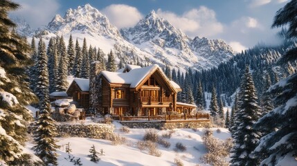 Fototapeta premium A cozy mountain cabin nestled among snow-covered pine trees.