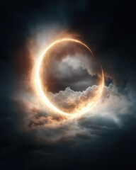 Solar eclipse event sky digital artwork dramatic clouds wide angle celestial phenomenon