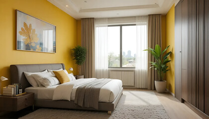 modern bed room interior yellow wall  and Room accessories