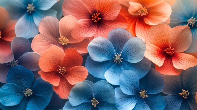 A close-up of vibrant flowers with petals that appear to be blue and pink, arranged in a seemingly random pattern.