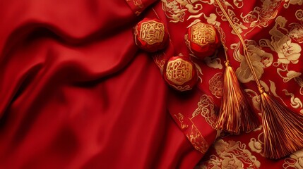 Fototapeta premium This vibrant red silk background, adorned with intricate gold patterns, features lucky knots and firecrackers