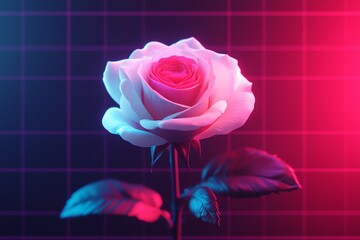 A vibrant rose illuminated with neon colors against a geometric background.