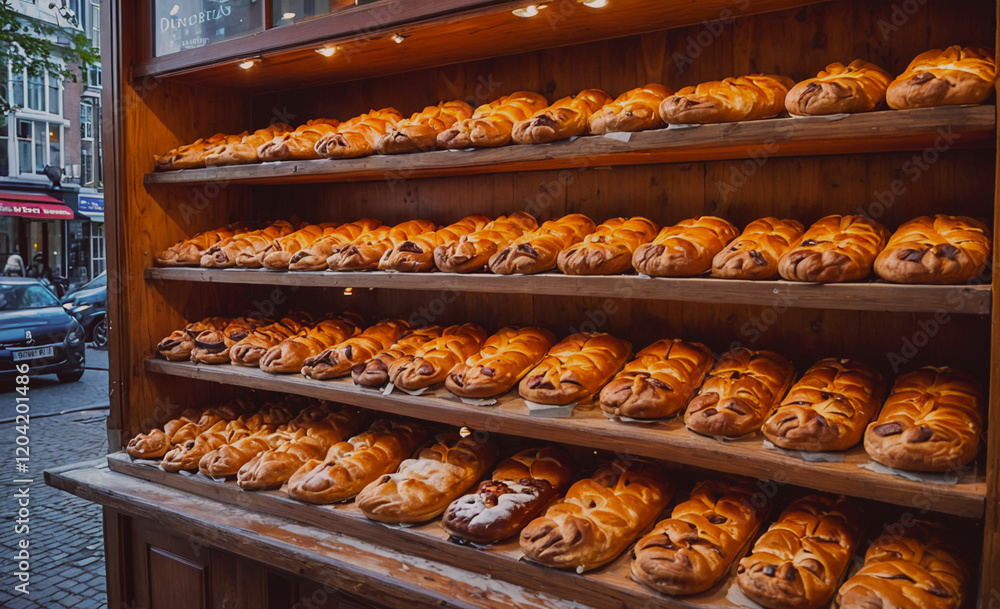 Poster A bakery display case with many loaves of bread. The bread is brown and has a variety of shapes and sizes