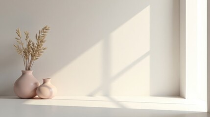 Serene Minimalist Interior Still Life with Dried Flowers in Pastel Vases on a White Surface Bathed in Sunlight