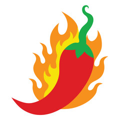 a red chili pepper with fire