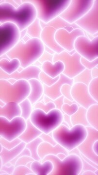 Looped vertical animation featuring glowing hearts in shades of pink and purple