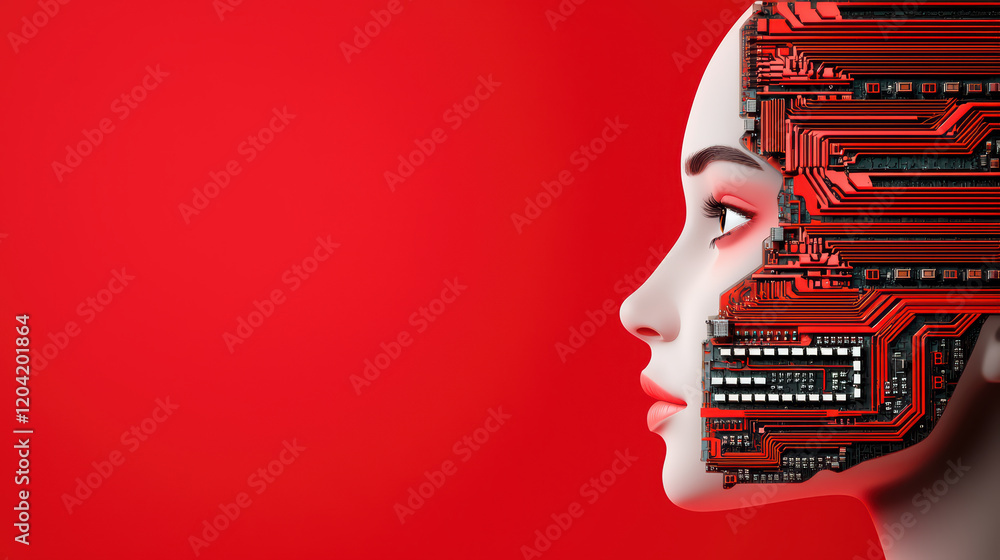 Poster futuristic face with circuit design on red background