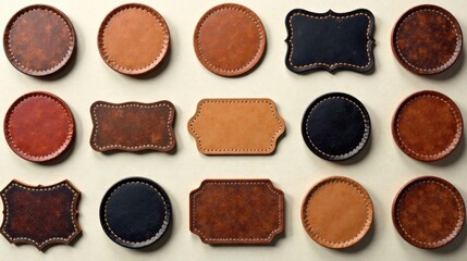 Fototapeta premium Collection of Diverse Leather Patches with Stitched Edges and Varied Shapes and Colors