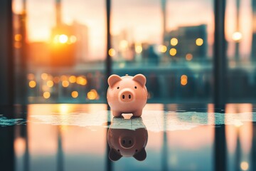 A Cute Pink Piggy Bank on a Reflective Surface with a Beautiful City Sunset in the Background Creating a Calm and Inspirational Financial Atmosphere