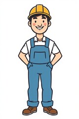 a cartoon man in overalls and a helmet standing with his hands on his hips