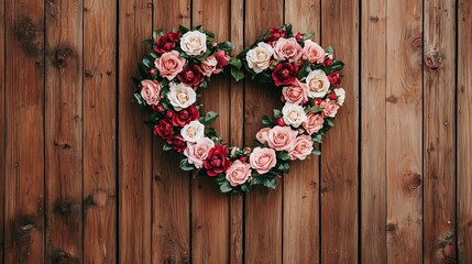 Beautiful floral heart wreath made of pink and red roses on a wooden background.