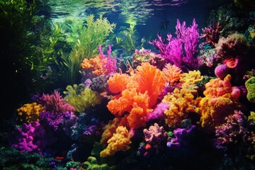 Obraz premium Vibrant underwater scene showcasing diverse coral reef ecosystem with various colorful corals and seaweed.