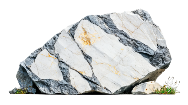 Png of Large textured rock with distinctive white and grey patterns on transparent background.
