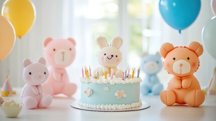 A birthday celebration with a rabbit figurine atop a cake and pastel bear decorations