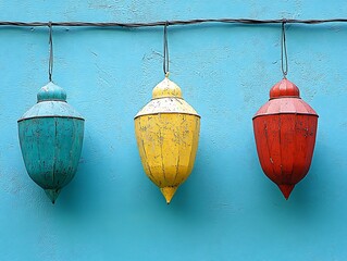 Obraz premium Three Vintage Painted Lanterns Hang Against A Blue Wall