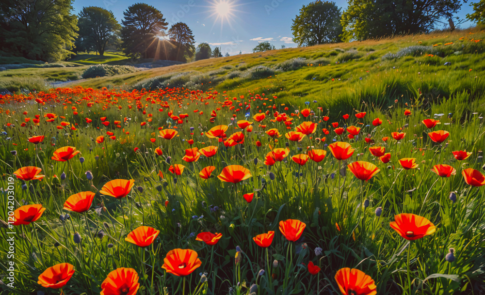 Poster a field of red flowers with the sun shining on them. the sun is in the background and the flowers ar