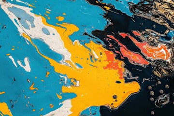 Abstract Colorful Swirls and Patterns on Water Surface with Reflections, Featuring Vibrant Hues of Blue, Orange, Black, and White in a Stunning Visual Composition