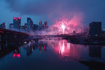 Fototapeta premium Midnight fireworks celebration over urban skyline city river night view festive atmosphere high fidelity display