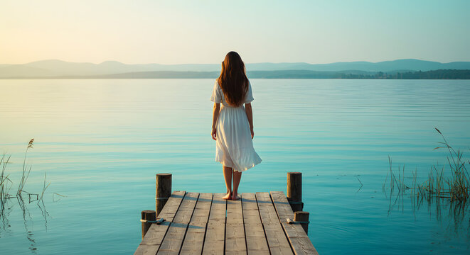 A tranquil young woman is situated on a wooden platform at the lake, savoring the relaxing atmosphere.