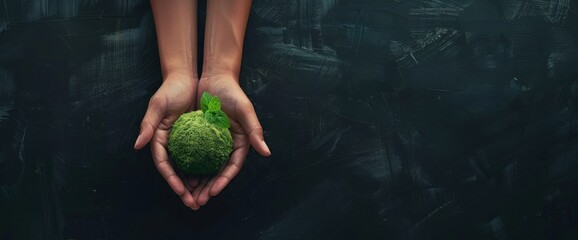 Hands holding plant, dark background, conservation