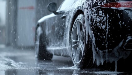 A sleek luxury car is covered in thick foam during a detailing session in a well-lit workshop, showcasing meticulous care and attention to automotive beauty